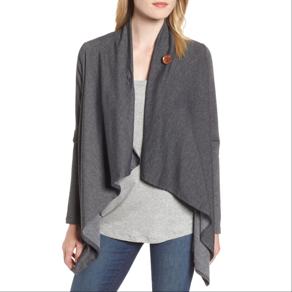 Bobeau One-Button Fleece Wrap Cardigan
